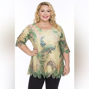 Atmosphere eyelet 3/4 sleeve top peacock print size XL artsy summer beach